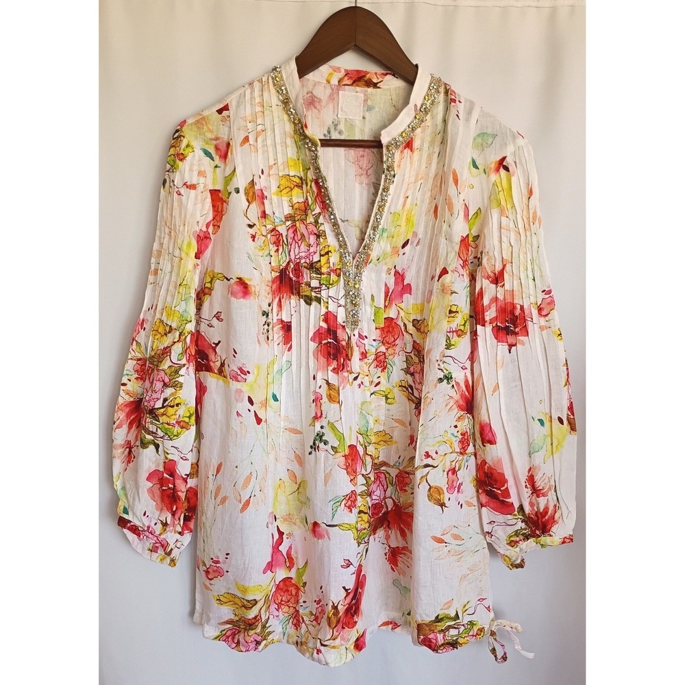 120% Lino Floral Linen‎ Embellished Tunic Top White Pink Watercolor It 46 US 10